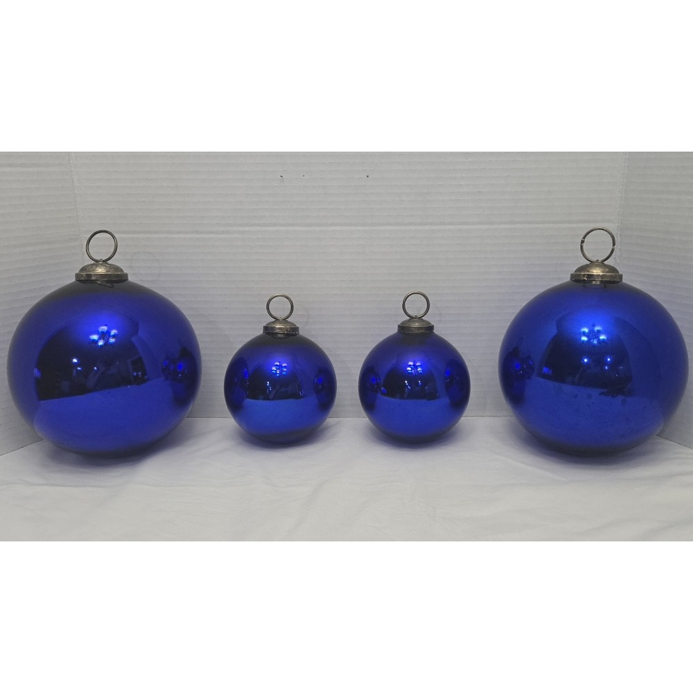 Antique German Kugel Ornaments - Cobalt Blue Mercury Glass Set (Two 6" & Two 4")